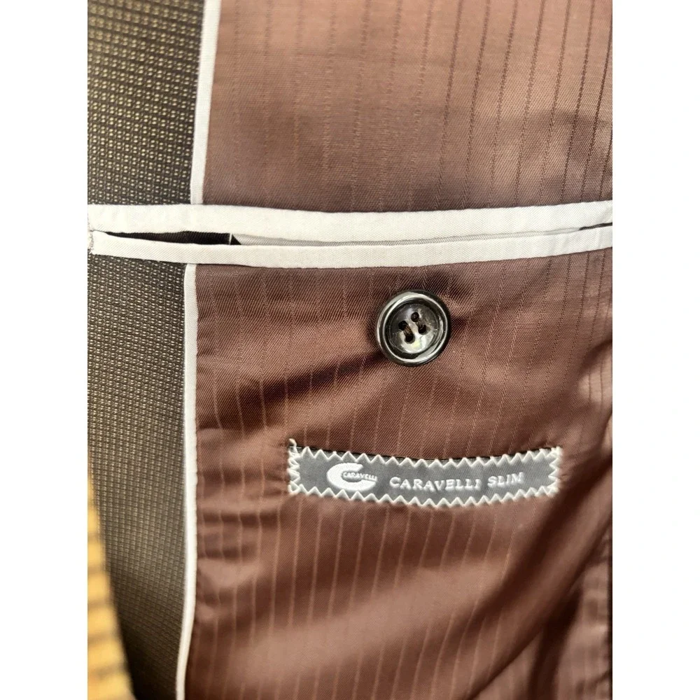 Caravelli Men's 46 Slim Houndstooth Blazer Sports Coat Suit Jacket Brown Poly Bl